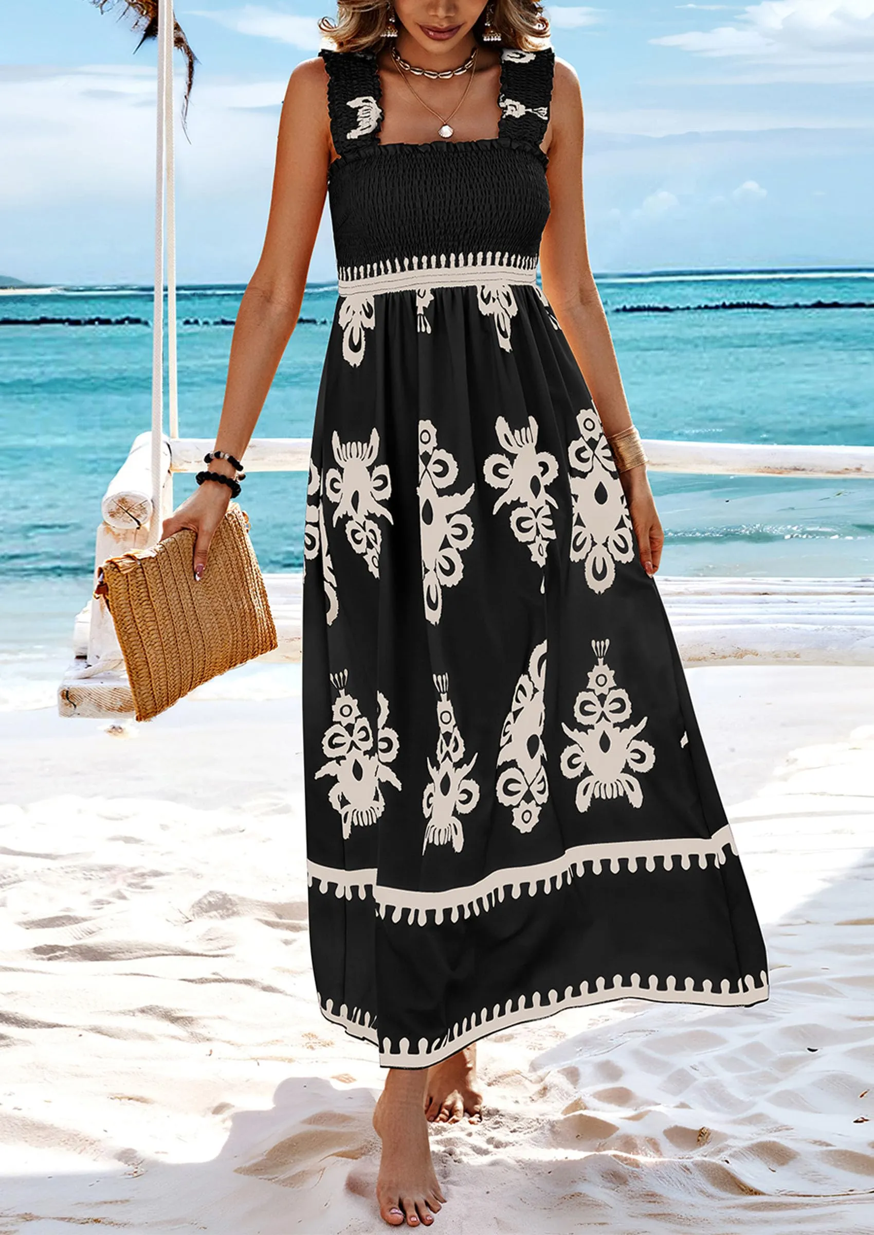 Boho Casual Sleeveless Square Neck Floral A Line Smocked Beach Maxi Dress with Pockets