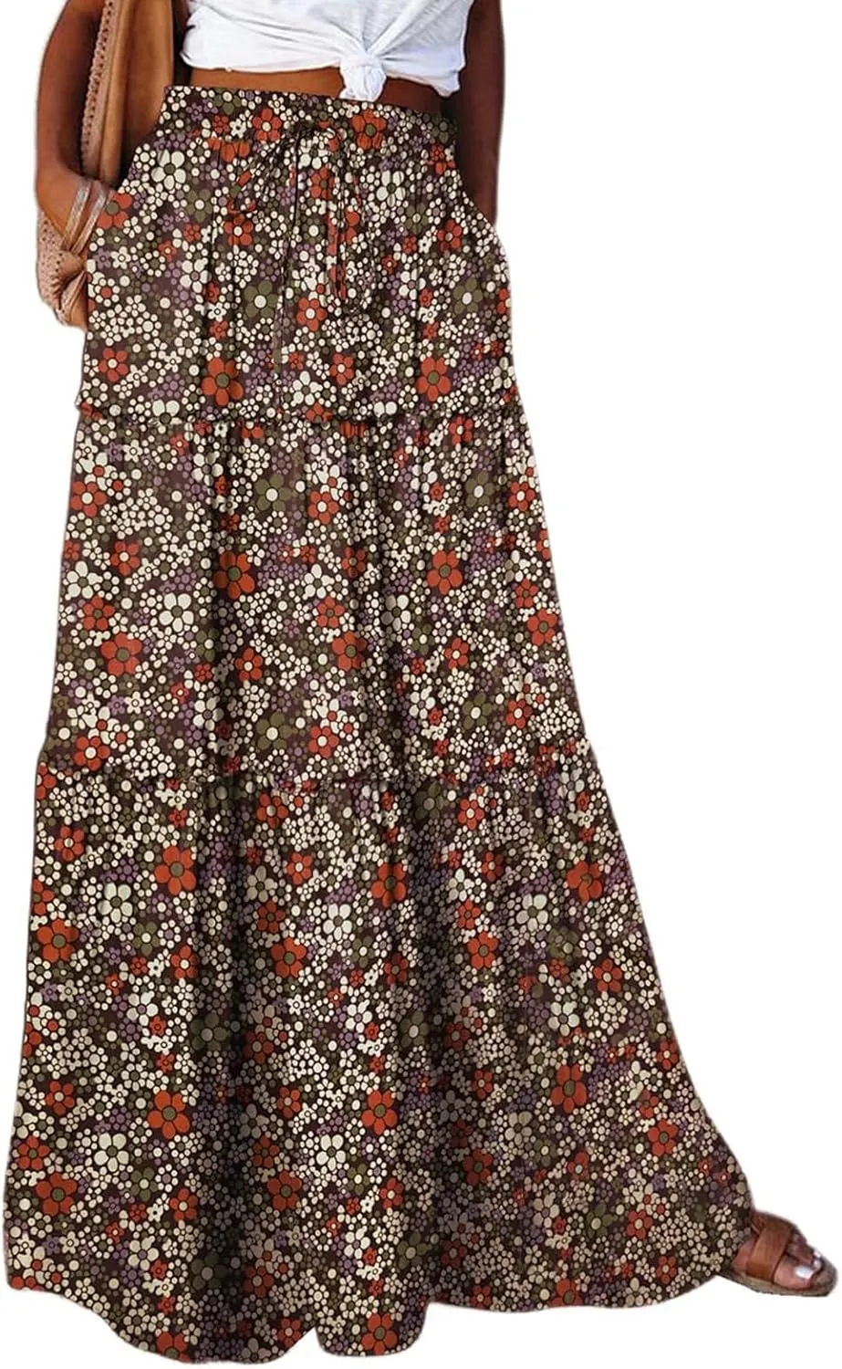 Boho Maxi Skirts for Women Pleated High Waisted Tiered A Line Skirt 2025 Summer Casual Flowy Long Skirts with Pockets