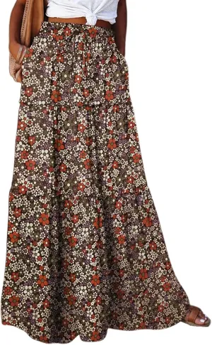Boho Maxi Skirts for Women Pleated High Waisted Tiered A Line Skirt 2025 Summer Casual Flowy Long Skirts with Pockets