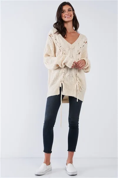 Cable Knit Draw String Self Tie V-Neck Sweater