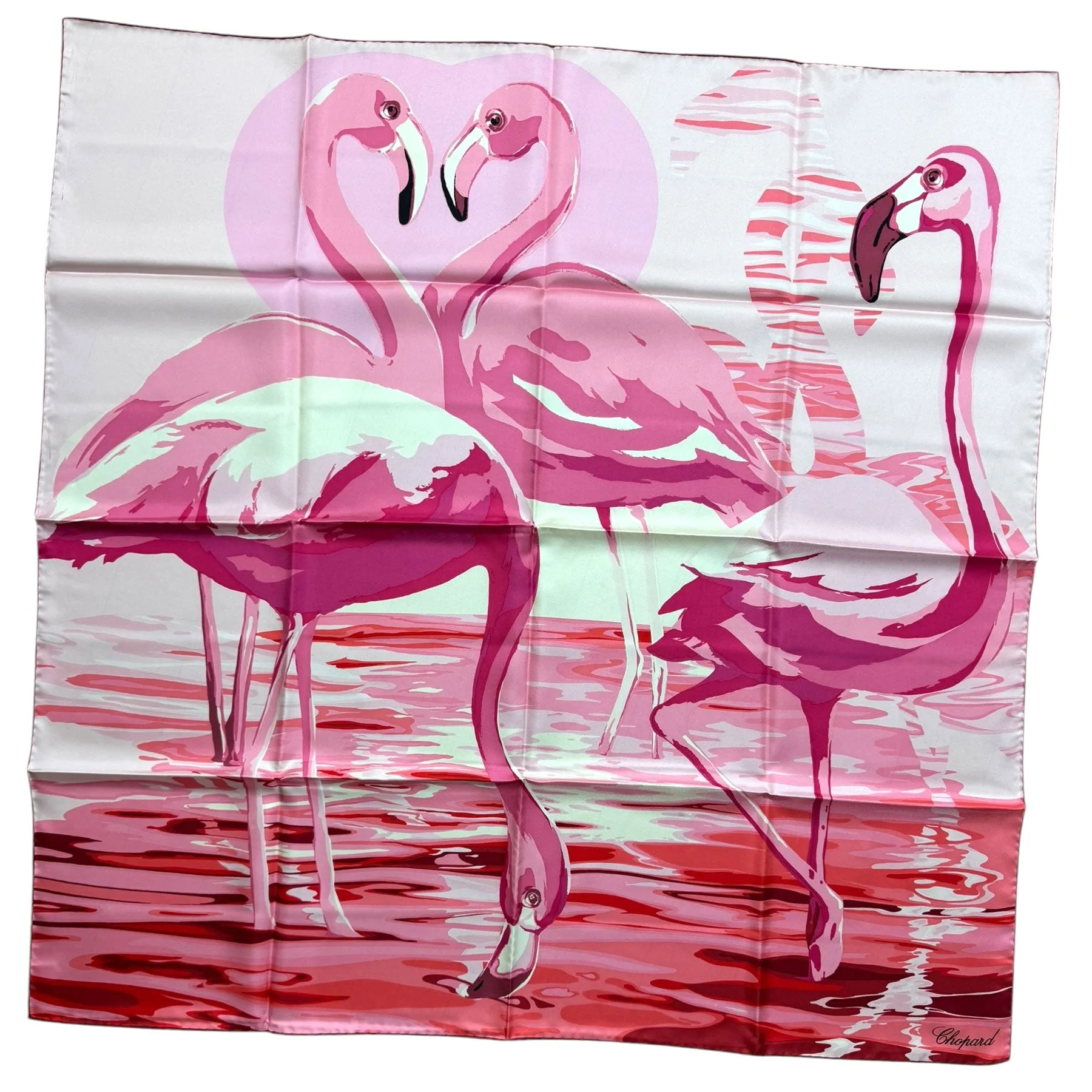 Chopard Scarf Blue Seafoam Pink Flamingo Design - Twill Silk Square Foulard