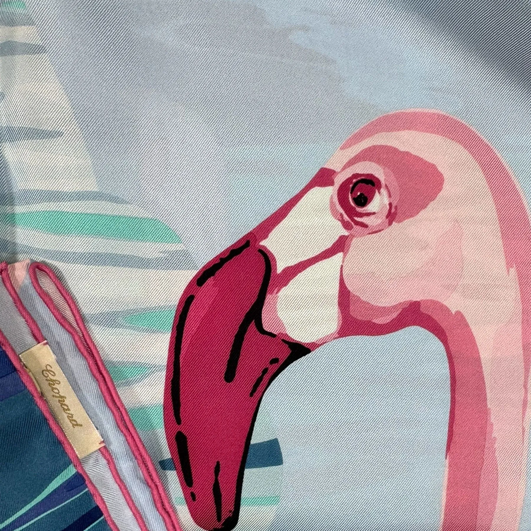 Chopard Scarf Blue Seafoam Pink Flamingo Design - Twill Silk Square Foulard