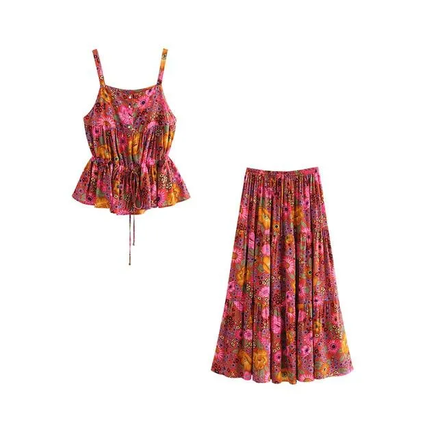 DAISY -  Boho Floral Print Maxi Skirt