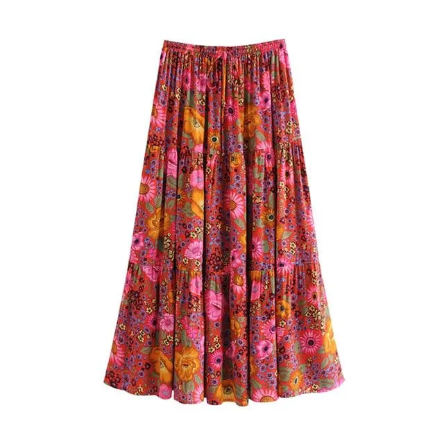DAISY -  Boho Floral Print Maxi Skirt