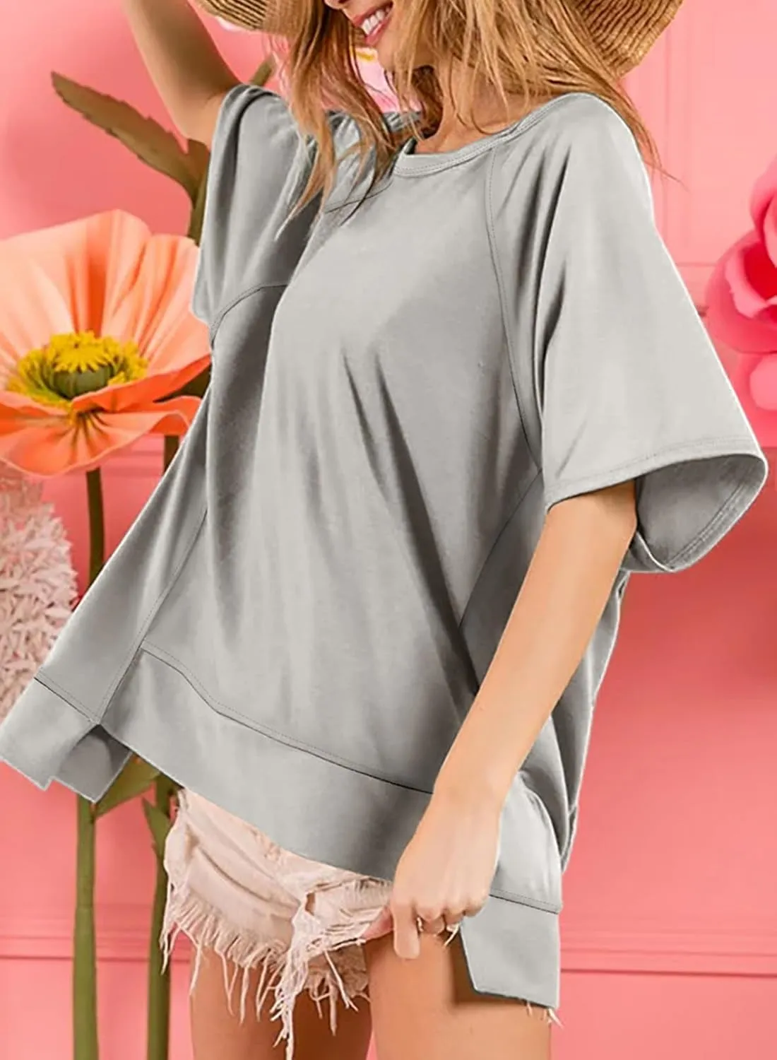 Dokotoo Oversized T Shirts for Women Crewneck Short Sleeve Casual Summer Tops Lightweight Loose High Low Blouse