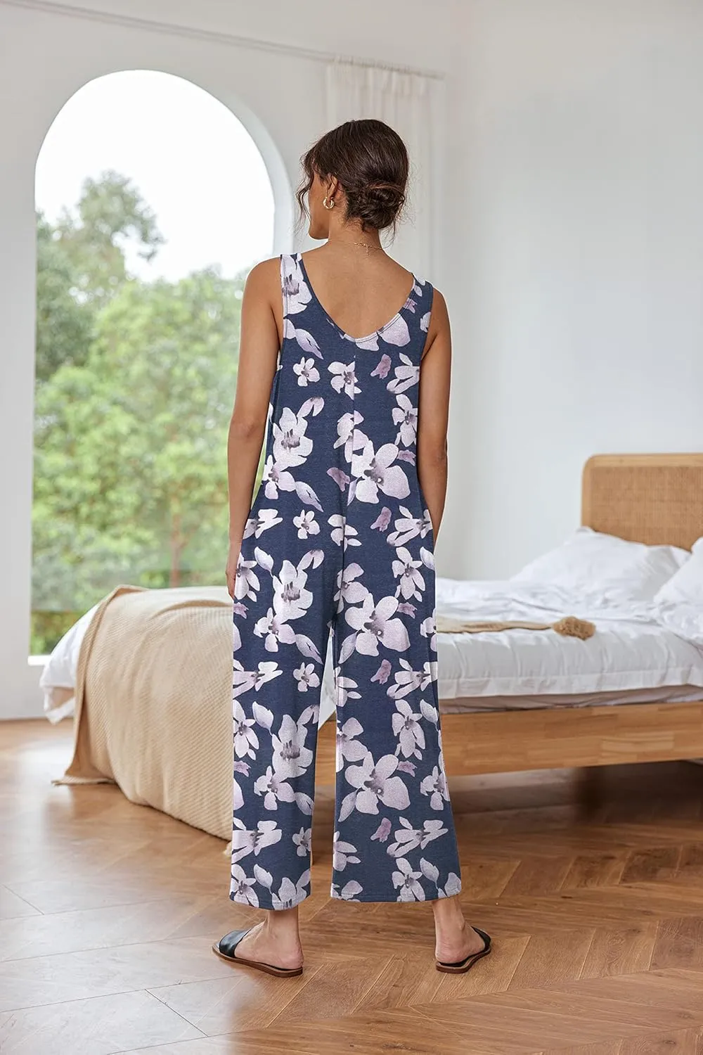 Ekouaer Sleeveless Jumpsuits for Women Casual Summer Scoop Neck Tank Rompers Wide Leg Pants Overall Jumpers with Pockets