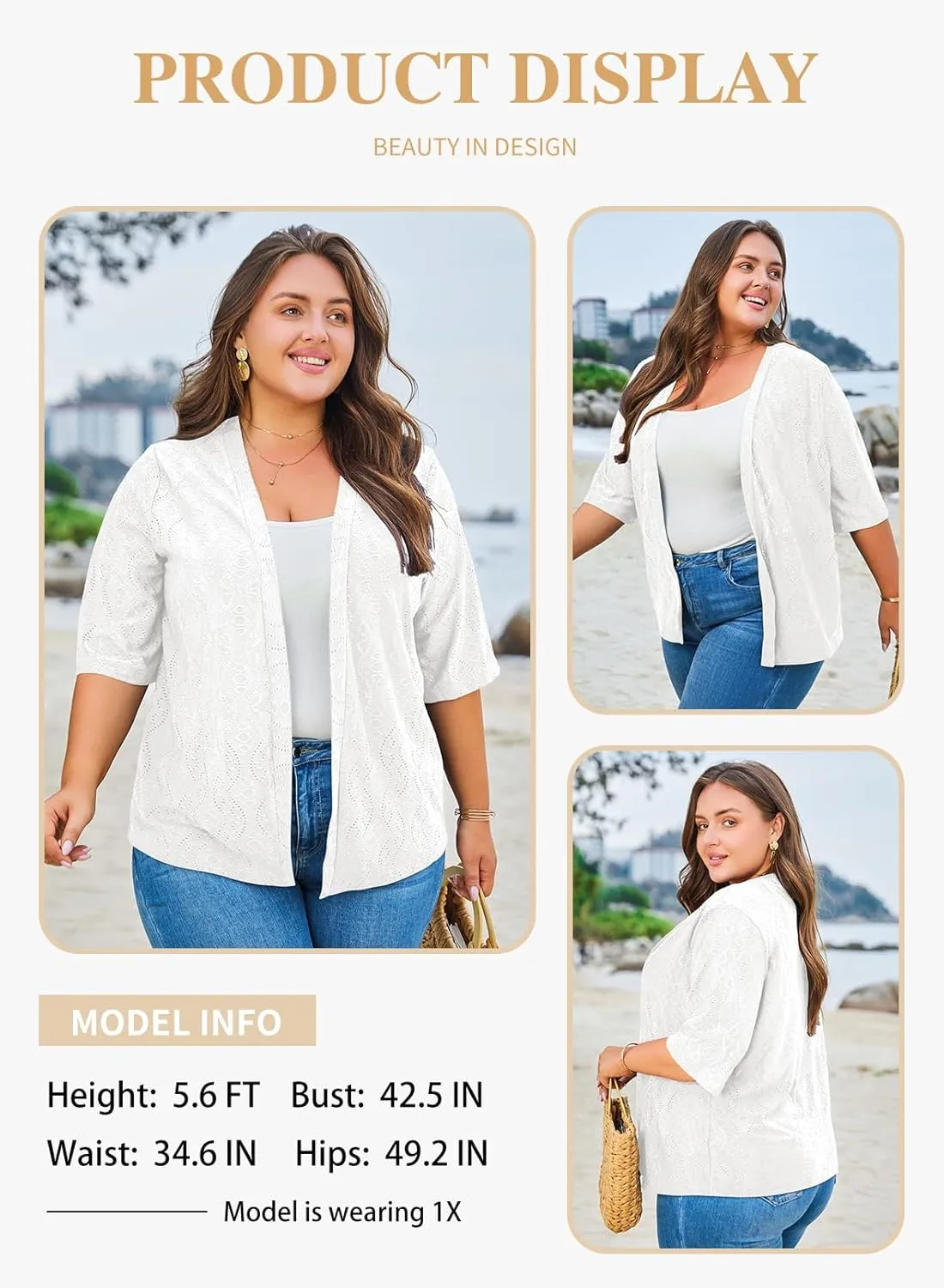 Eytino Plus Size Cardigan for Women Half Sleeve Knitted Jacquard Summer Kimono Cover up Tops(1X-5X)