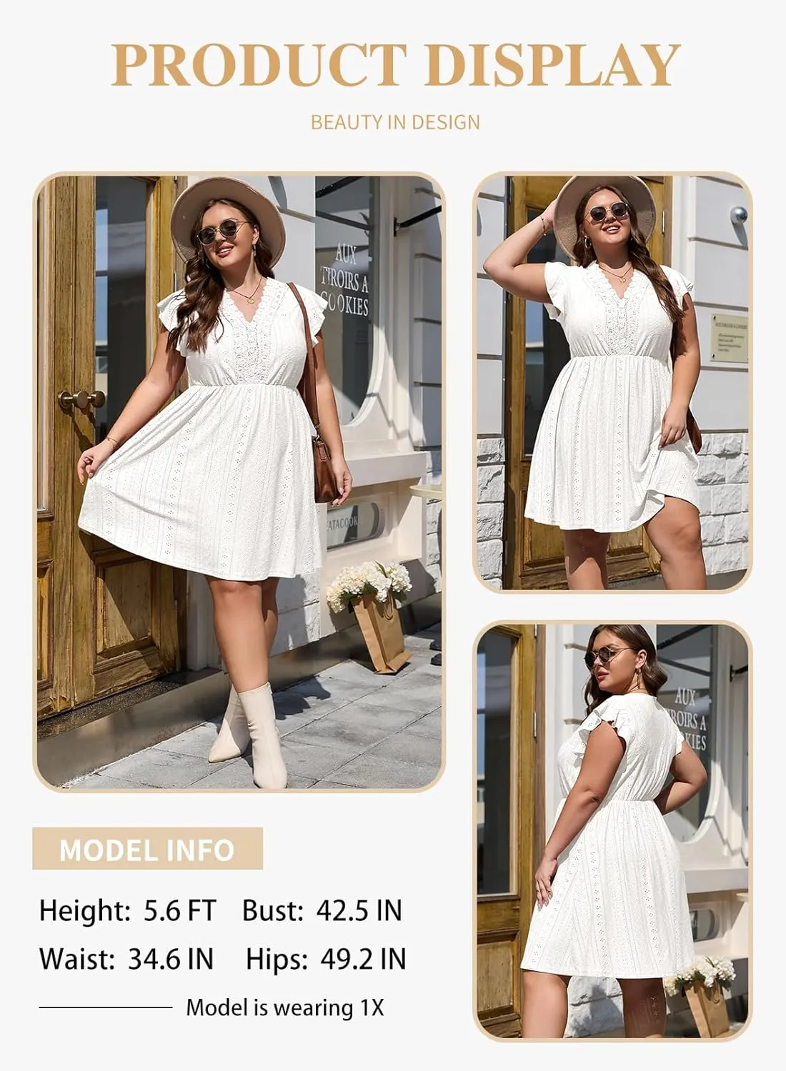 Eytino Plus Size Dresses for Women Summer Ruffle Cap Sleeve Lace V Neck Embroidery Eyelet A Line Dress(1X-5X)