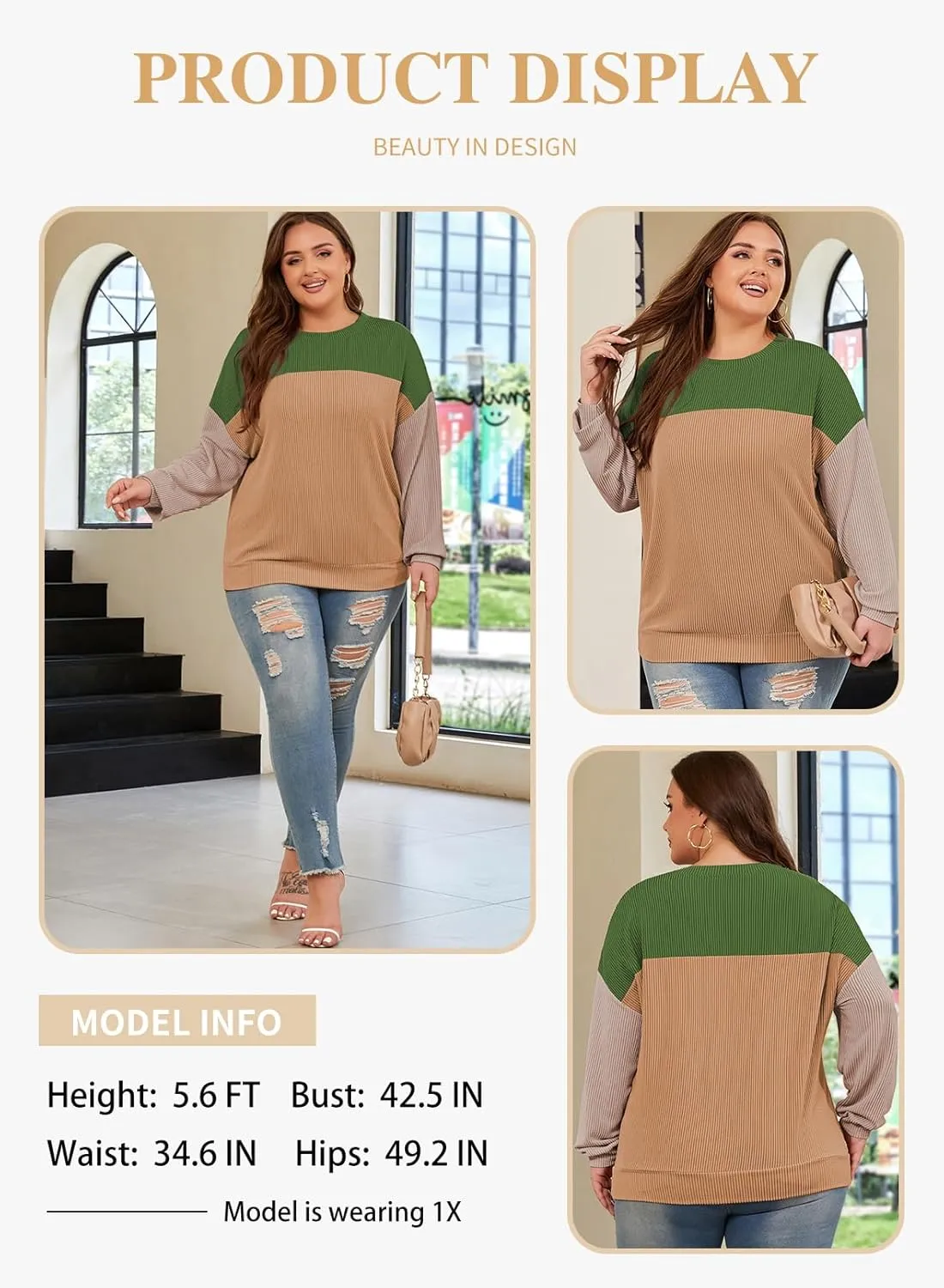 Eytino Plus Size Sweatshirt for Women Striped Colorblock Long Sleeve Crewneck Casual Loose Pullover Shirt Top(1X-5X)