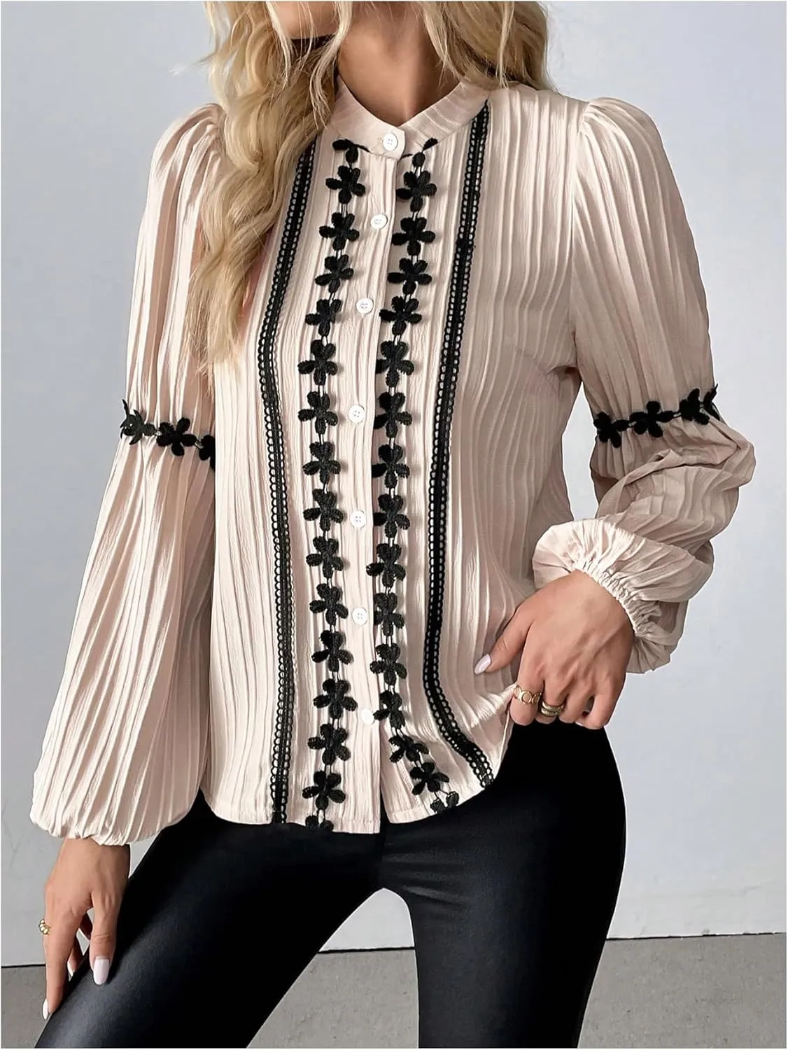 Floerns Women's Floral Button Down Lantern Sleeve Textured Mock Neck Elegant Blouse Top