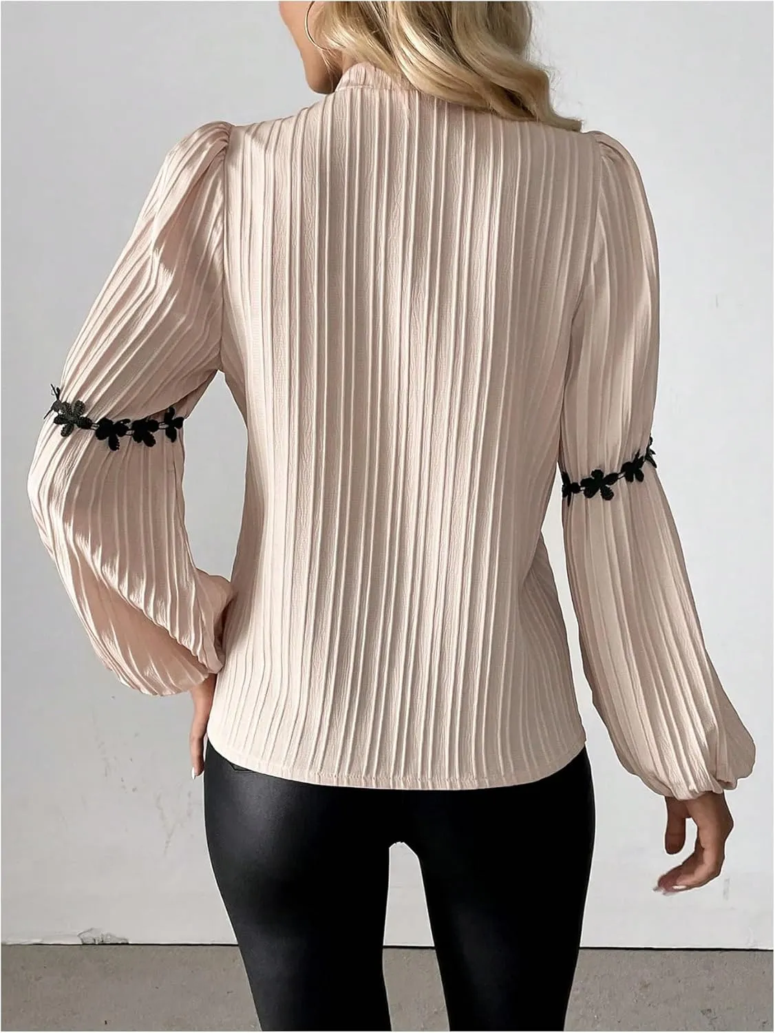 Floerns Women's Floral Button Down Lantern Sleeve Textured Mock Neck Elegant Blouse Top