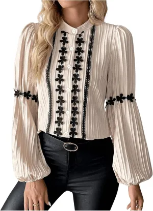 Floerns Women's Floral Button Down Lantern Sleeve Textured Mock Neck Elegant Blouse Top