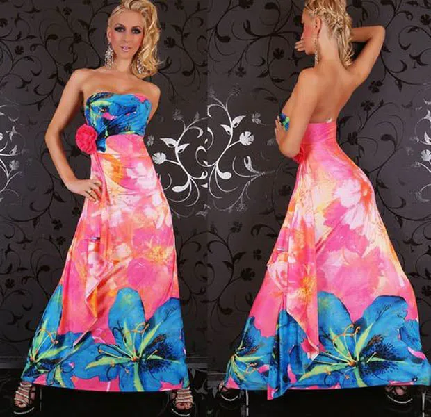 Floral Print Strapless Hot Pink Maxi Boho Hippie