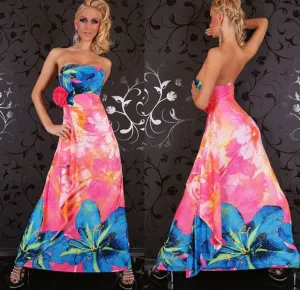 Floral Print Strapless Hot Pink Maxi Boho Hippie