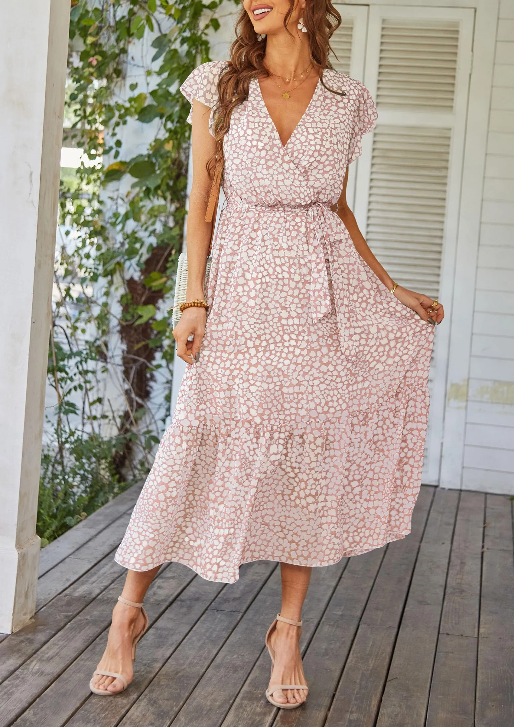 Floral Wrap V Neck Hem A-Line Bohemian Maxi Dresses