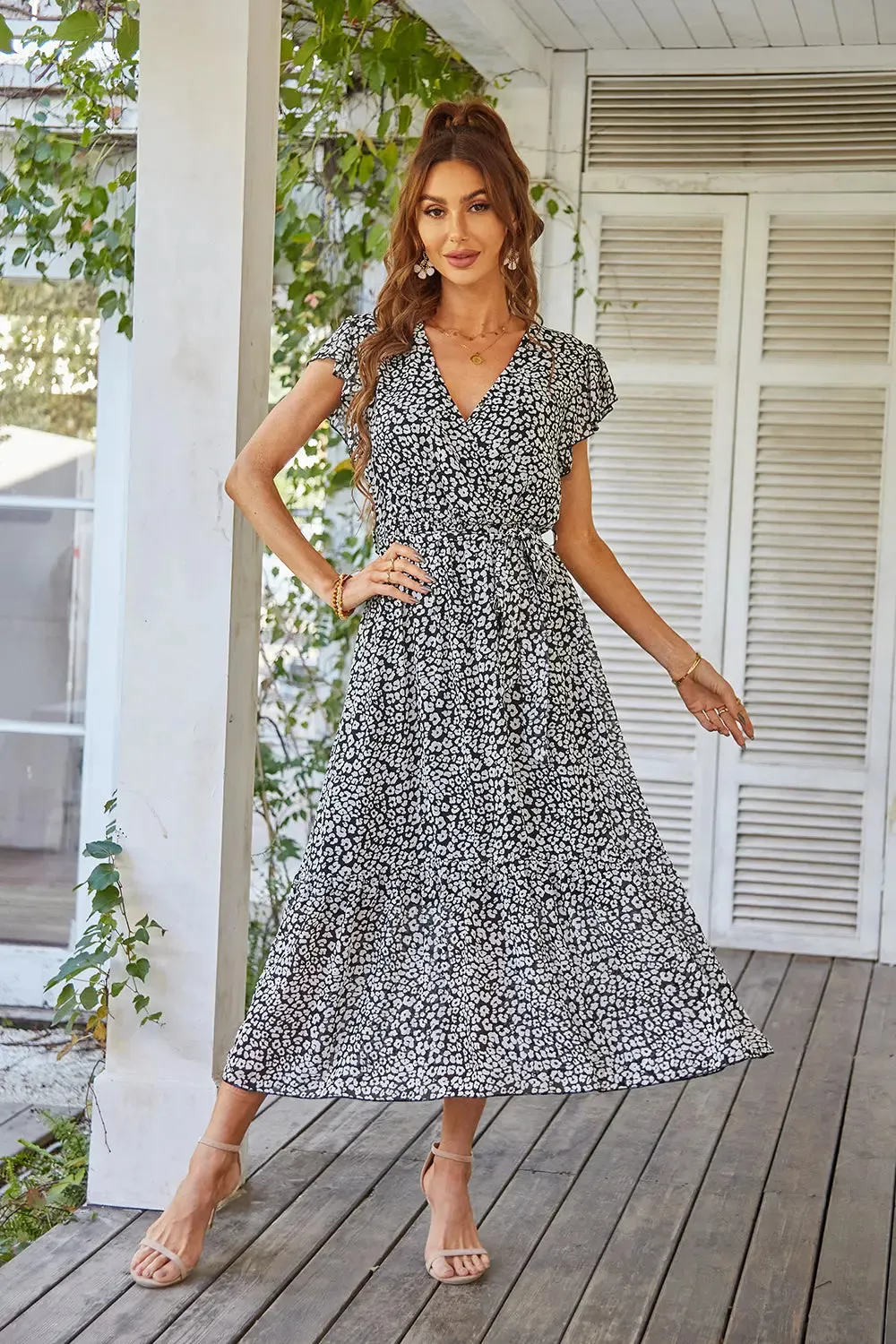 Floral Wrap V Neck Hem A-Line Bohemian Maxi Dresses