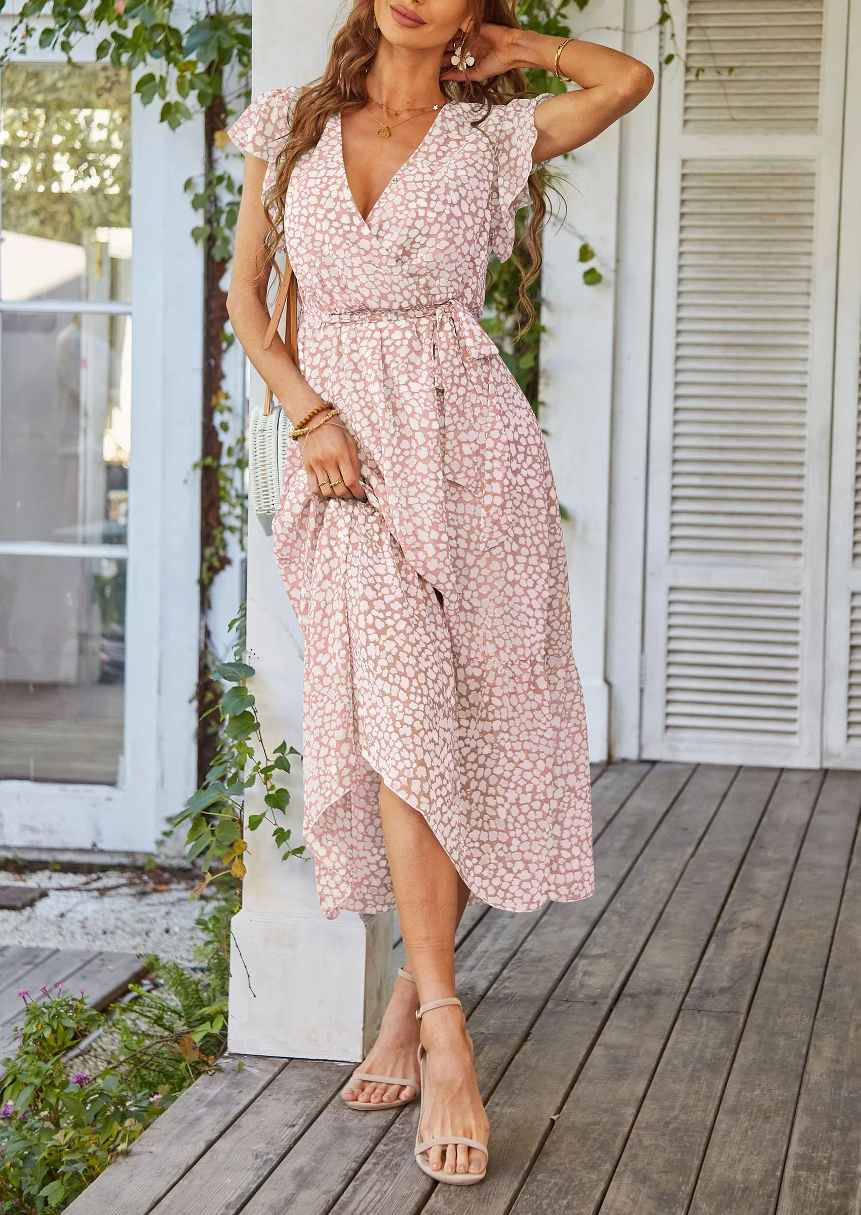 Floral Wrap V Neck Hem A-Line Bohemian Maxi Dresses