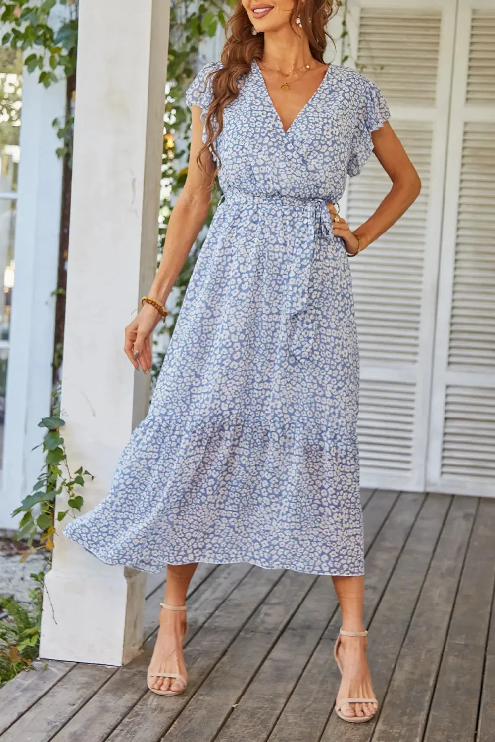 Floral Wrap V Neck Hem A-Line Bohemian Maxi Dresses