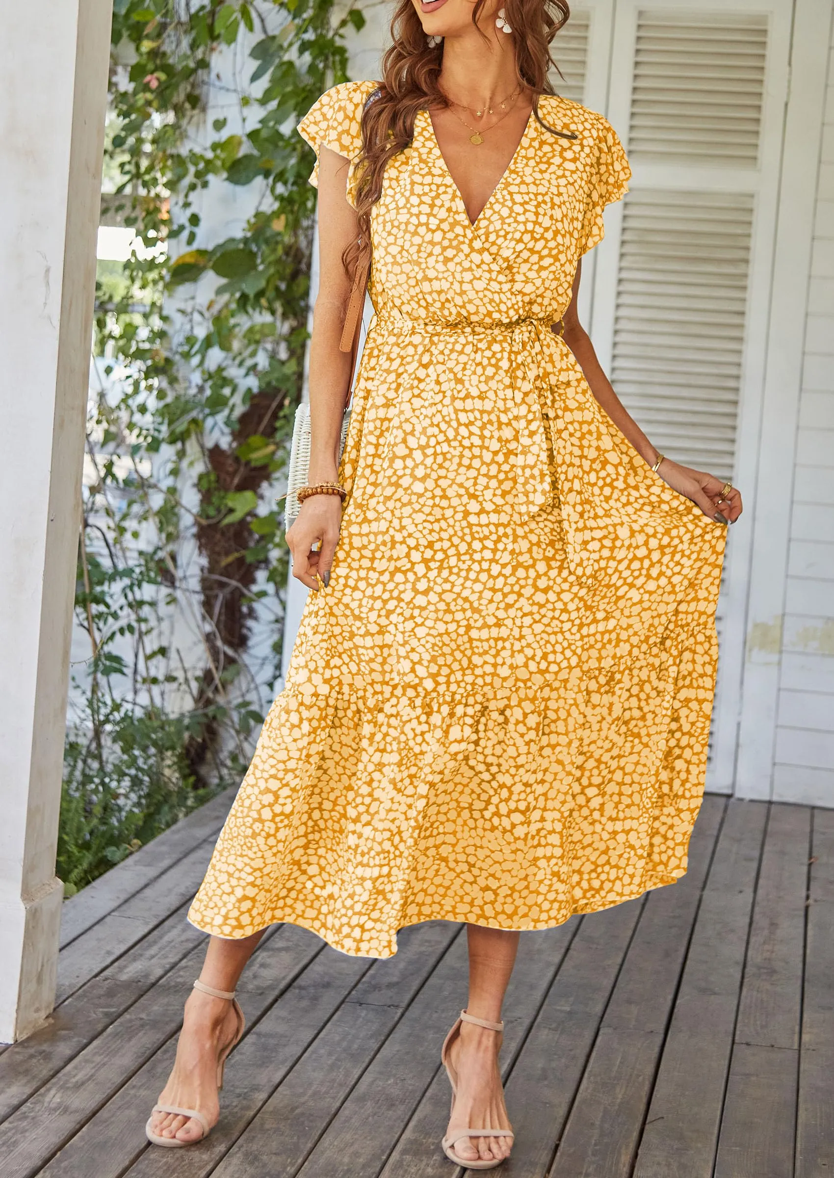 Floral Wrap V Neck Hem A-Line Bohemian Maxi Dresses