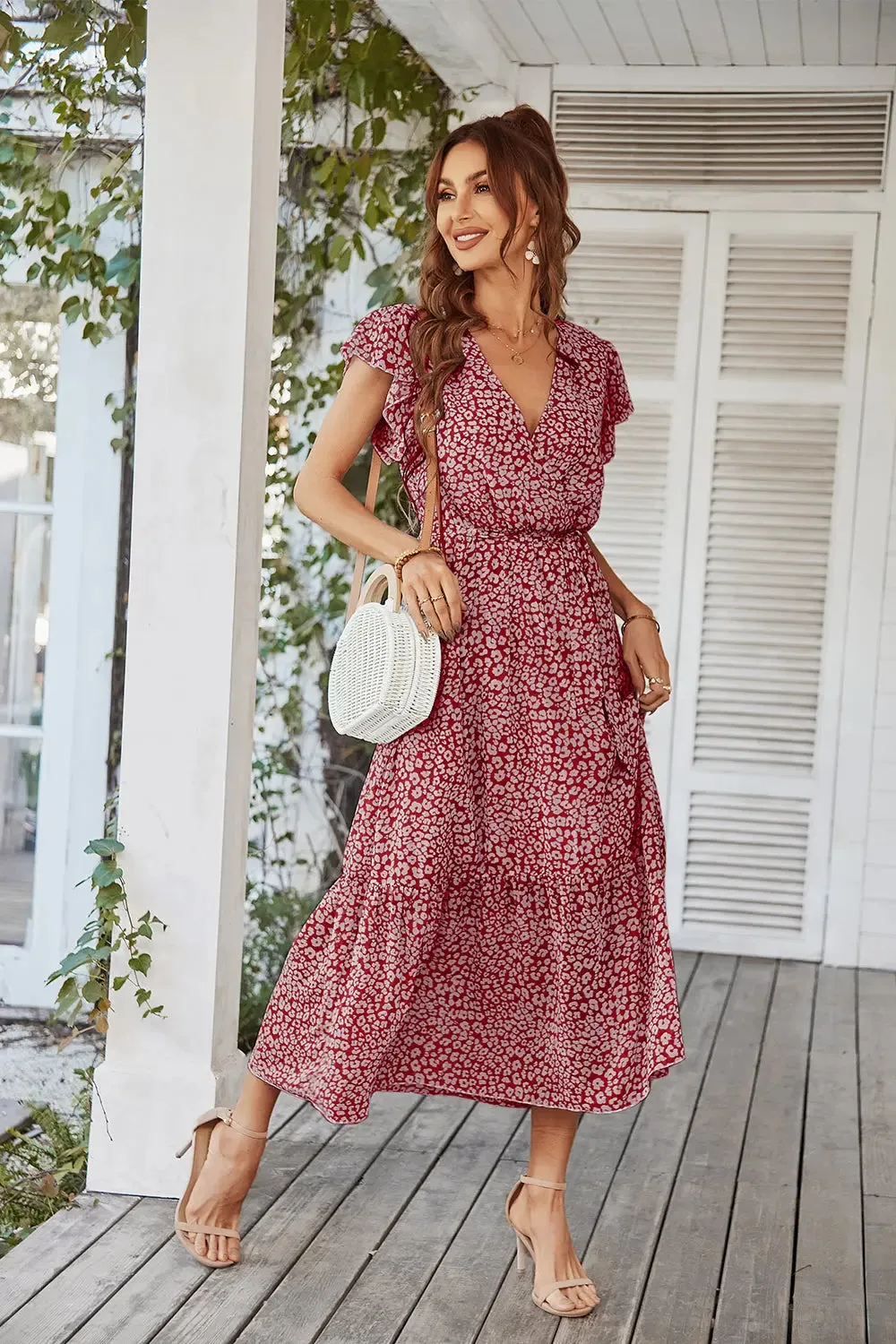 Floral Wrap V Neck Hem A-Line Bohemian Maxi Dresses
