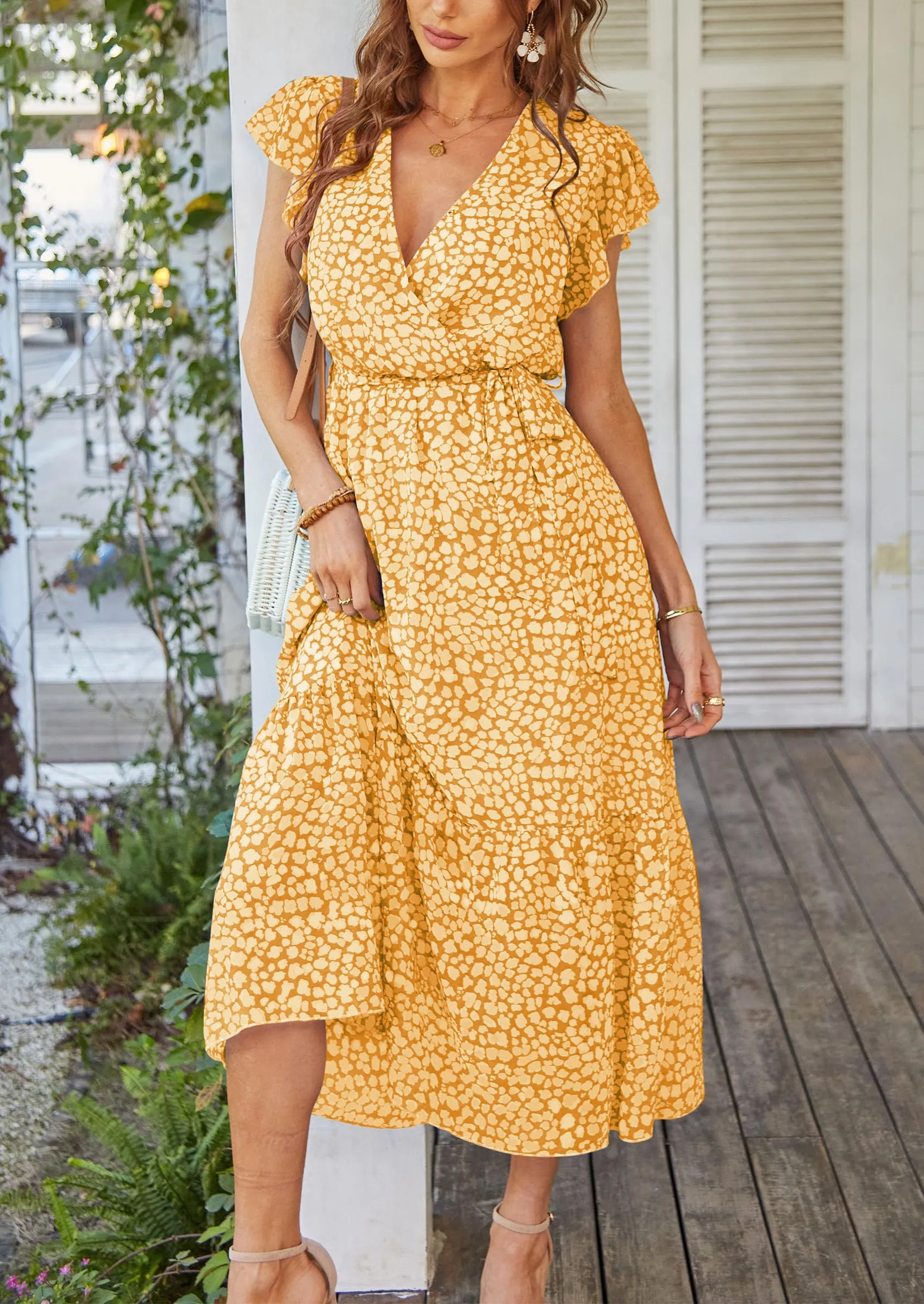 Floral Wrap V Neck Hem A-Line Bohemian Maxi Dresses
