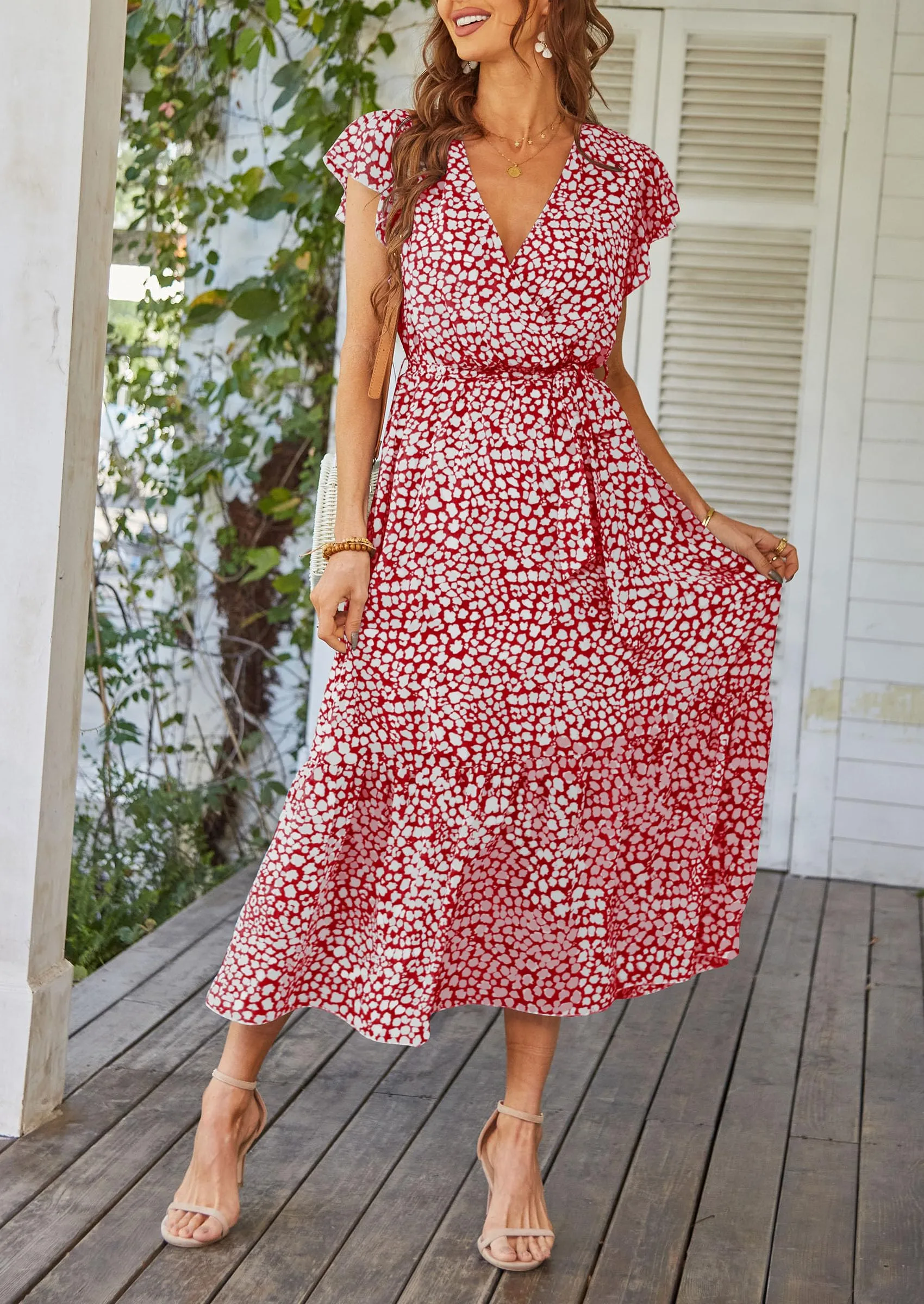 Floral Wrap V Neck Hem A-Line Bohemian Maxi Dresses