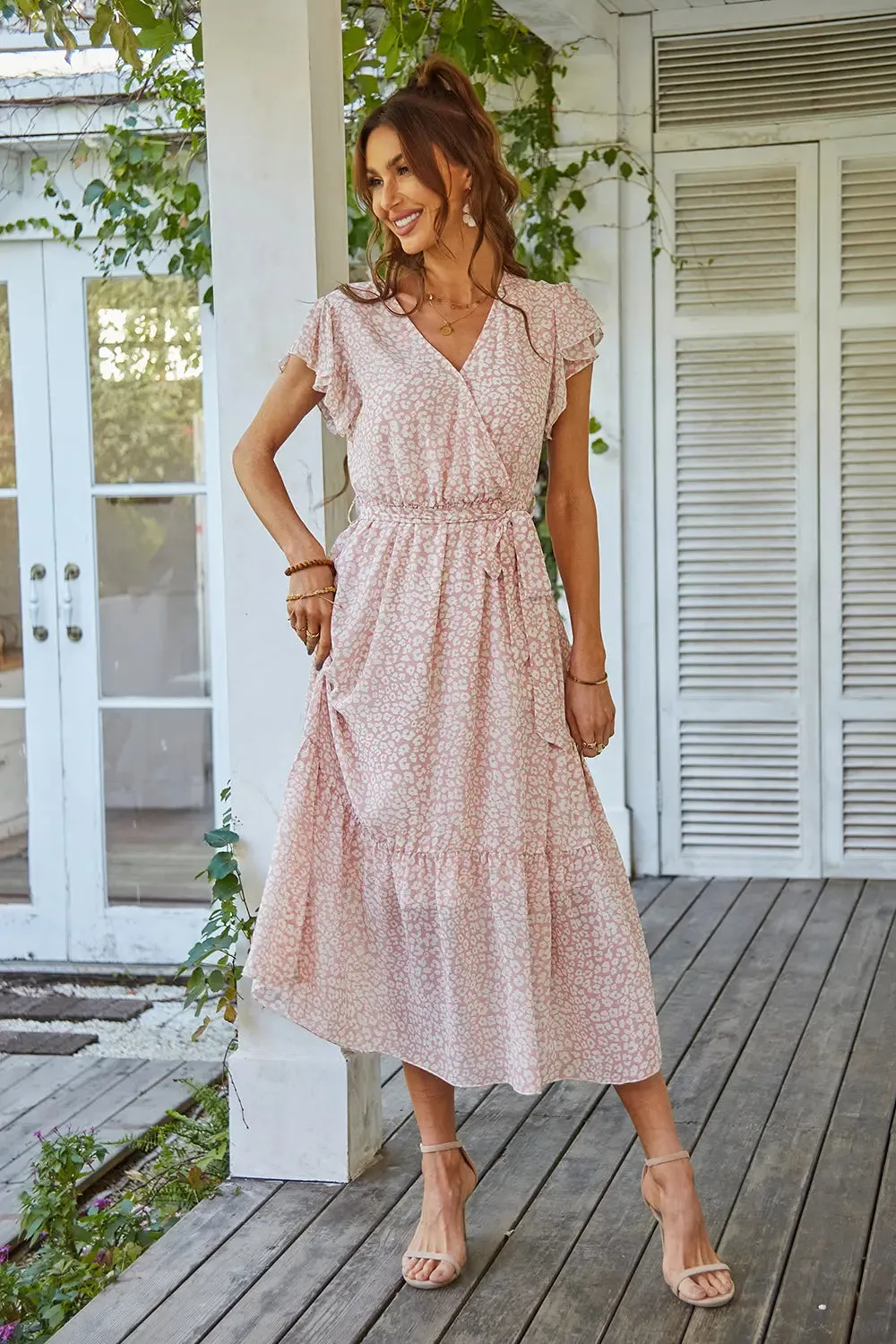 Floral Wrap V Neck Hem A-Line Bohemian Maxi Dresses