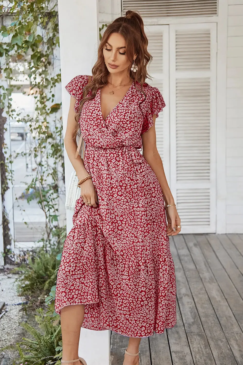 Floral Wrap V Neck Hem A-Line Bohemian Maxi Dresses