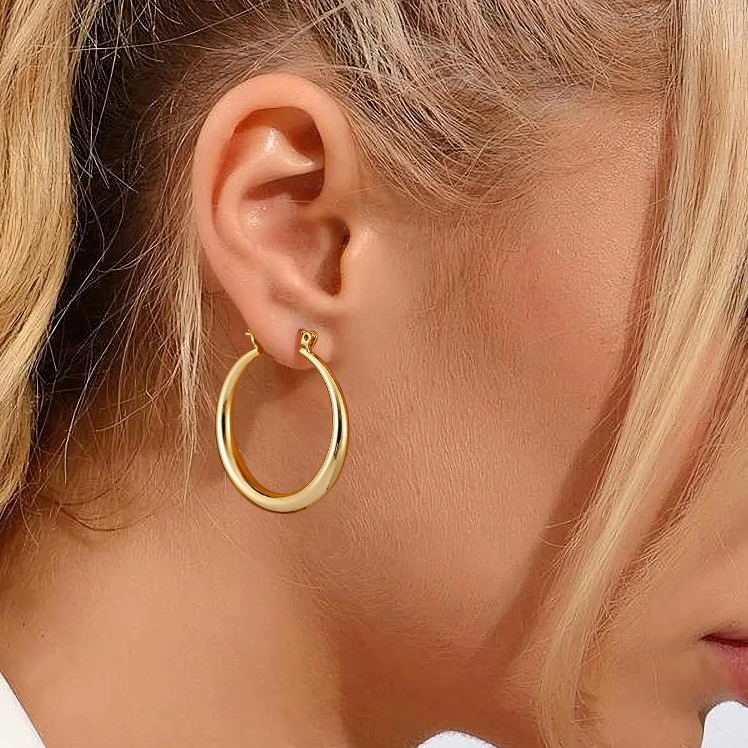 Gacimy Gold Hoop Earrings for Women 14K Real Gold Plated, Chunky Gold Hoops with 925 Sterling Silver Post Thick Lightweight Hoops