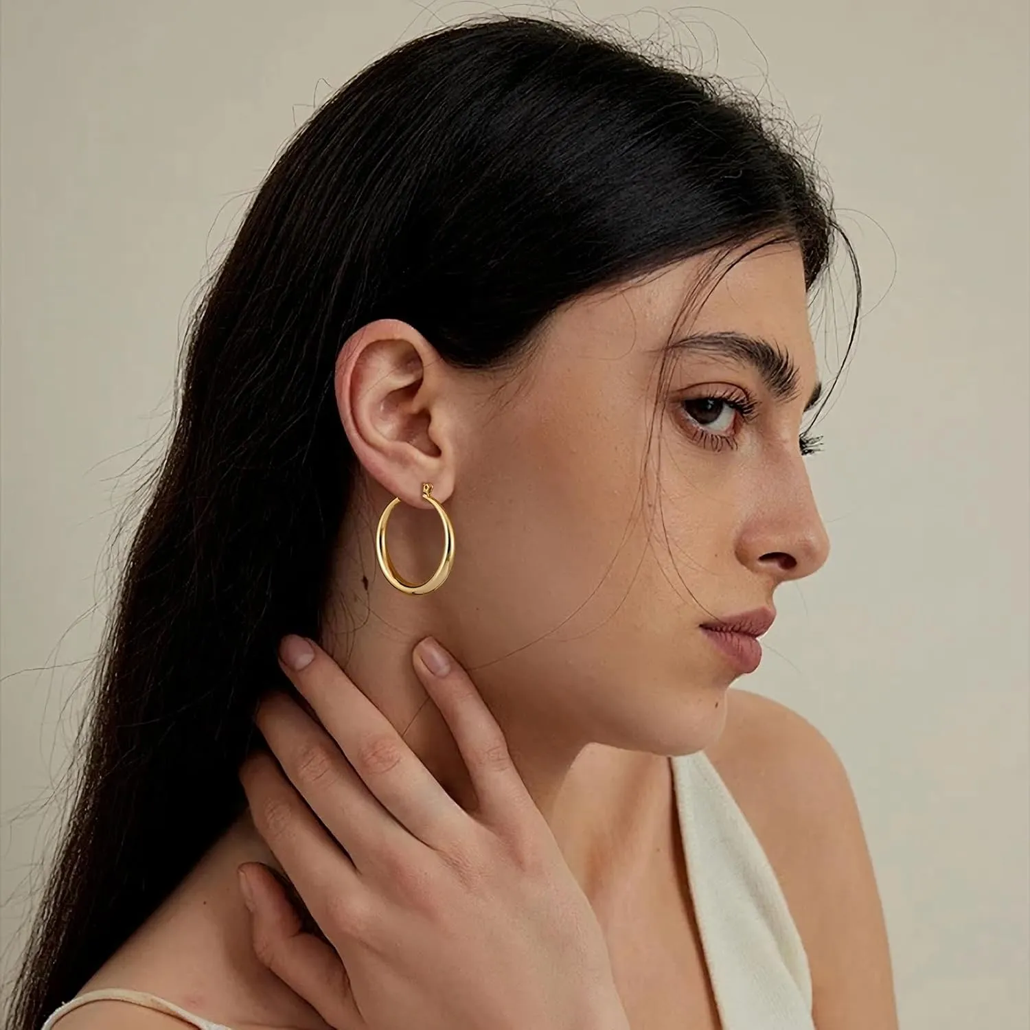 Gacimy Gold Hoop Earrings for Women 14K Real Gold Plated, Chunky Gold Hoops with 925 Sterling Silver Post Thick Lightweight Hoops