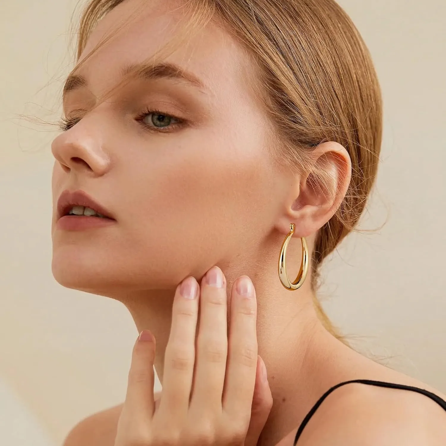 Gacimy Gold Hoop Earrings for Women 14K Real Gold Plated, Chunky Gold Hoops with 925 Sterling Silver Post Thick Lightweight Hoops