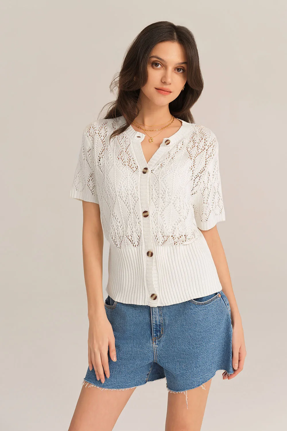 Hollowed-out Short Sleeve Crew Neck Button-up knitted Cardigan - White