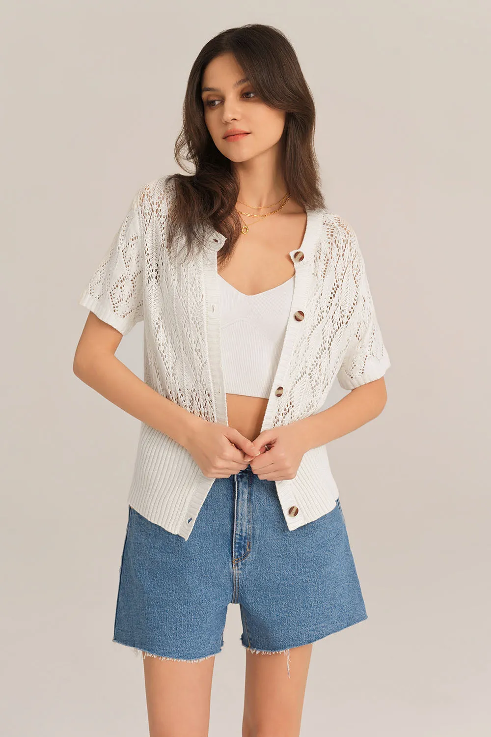 Hollowed-out Short Sleeve Crew Neck Button-up knitted Cardigan - White