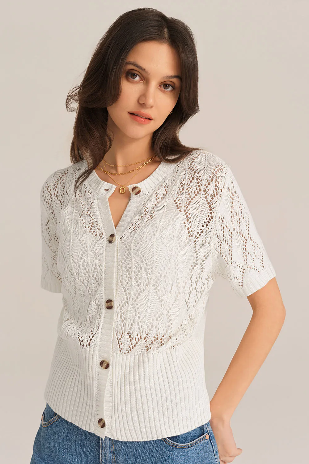 Hollowed-out Short Sleeve Crew Neck Button-up knitted Cardigan - White