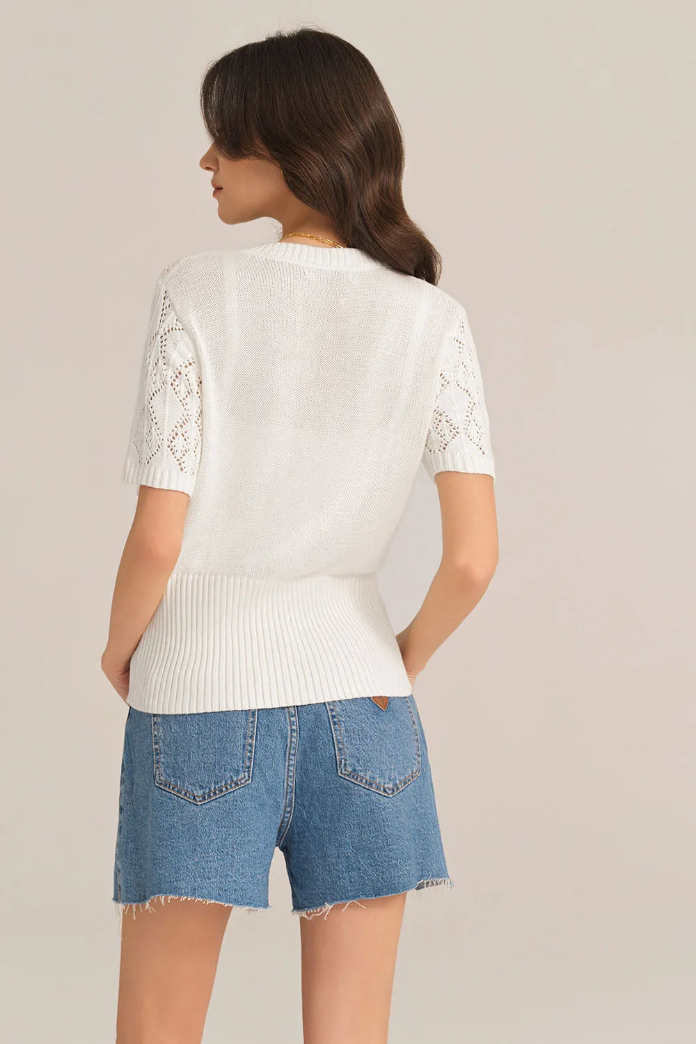 Hollowed-out Short Sleeve Crew Neck Button-up knitted Cardigan - White