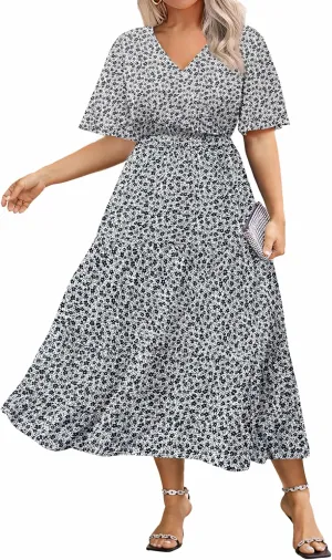 IN'VOLAND Plus Size Short Sleeve Dress for Women Summer Casual V Neck Floral Maxi Dresses with Pockets