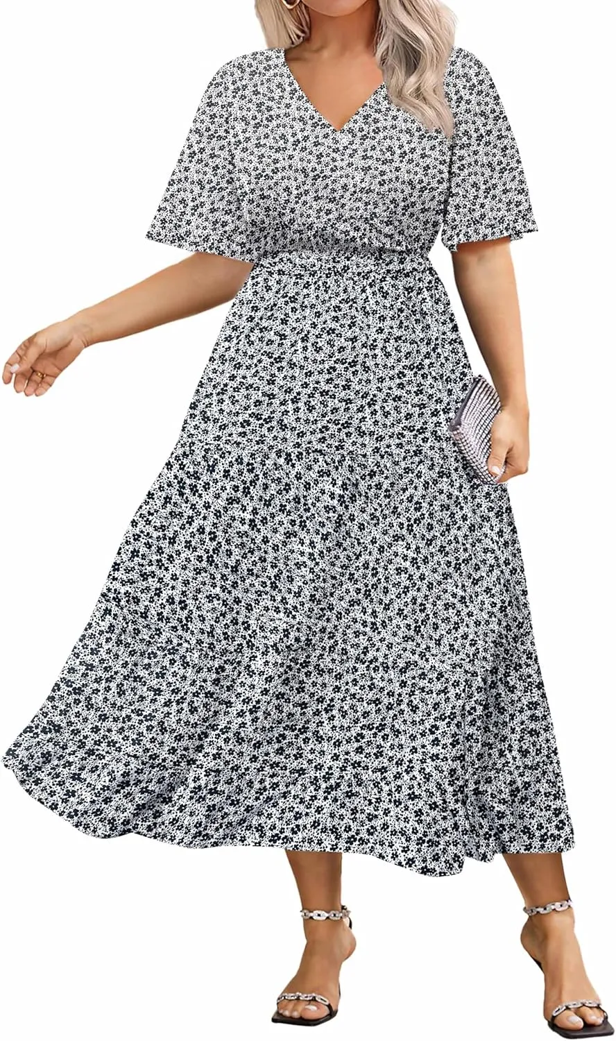 IN'VOLAND Plus Size Short Sleeve Dress for Women Summer Casual V Neck Floral Maxi Dresses with Pockets