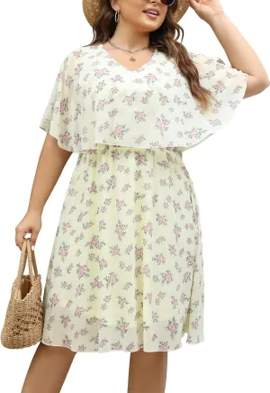 Keluummi Plus Size Summer Wedding Guest Dresses for Curvy Women, Casual Boho Floral Chiffon Midi Dresses with Empire Waist