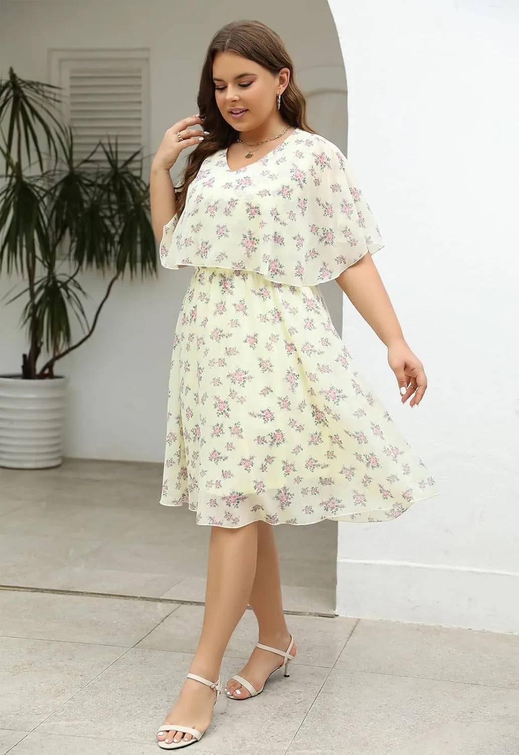 Keluummi Plus Size Summer Wedding Guest Dresses for Curvy Women, Casual Boho Floral Chiffon Midi Dresses with Empire Waist