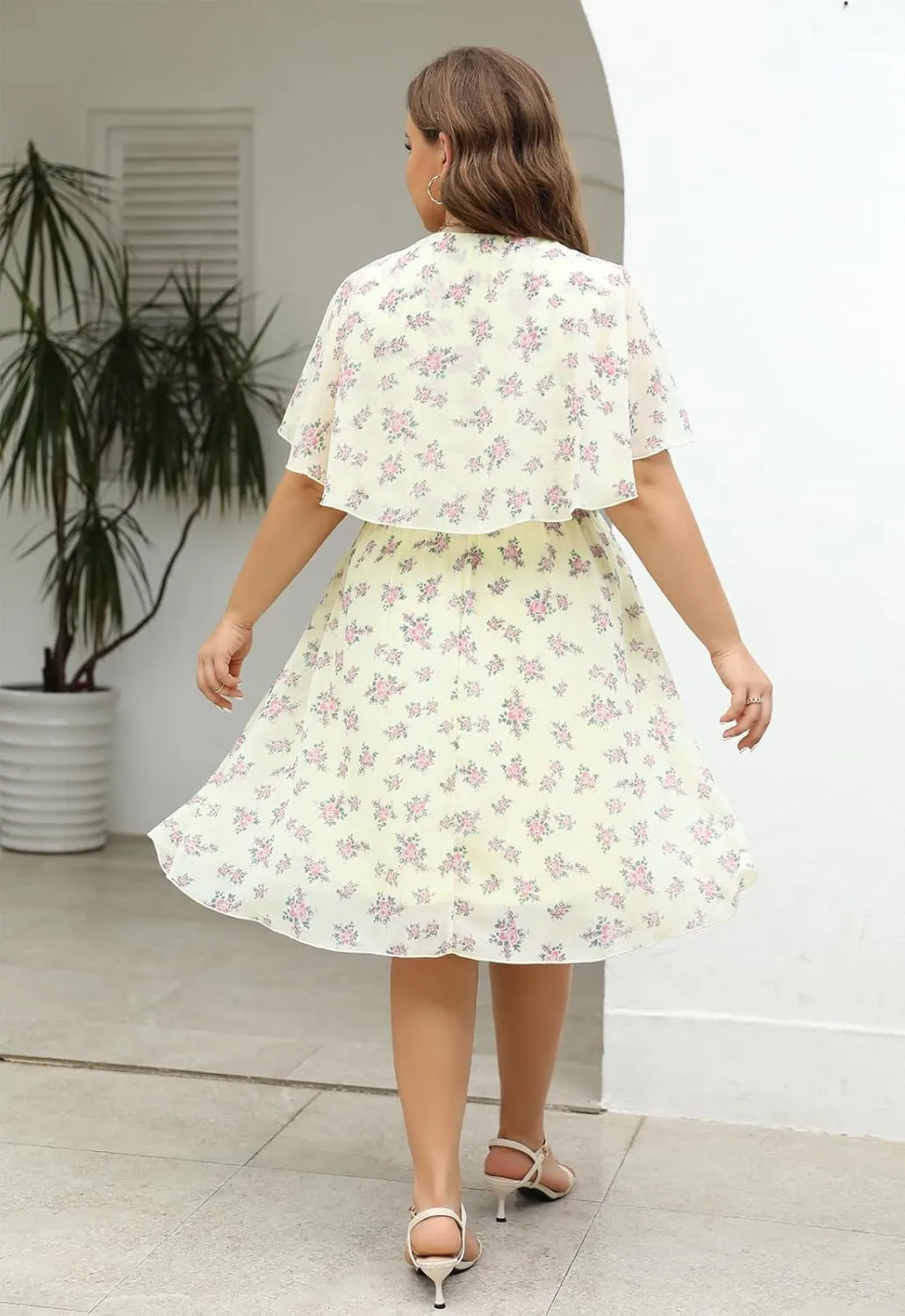 Keluummi Plus Size Summer Wedding Guest Dresses for Curvy Women, Casual Boho Floral Chiffon Midi Dresses with Empire Waist