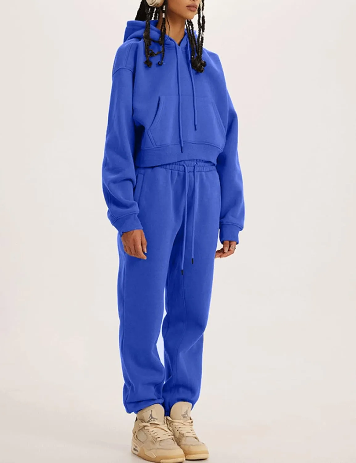 Kissonic Women's Fleece Jogger Sets 2 Pieces Sweatsuits Outfits Crop Top Hoodies Jogger Pants