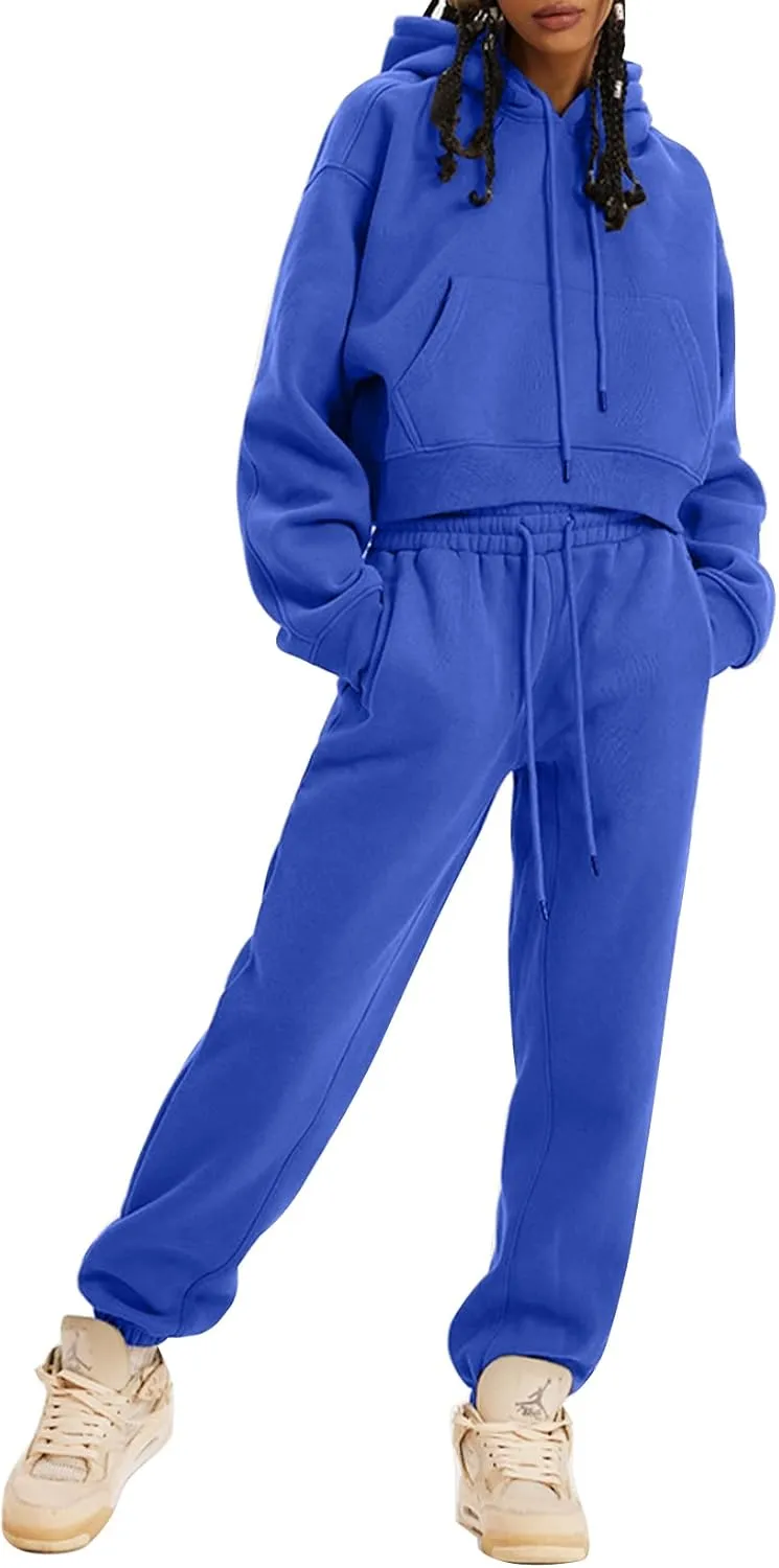 Kissonic Women's Fleece Jogger Sets 2 Pieces Sweatsuits Outfits Crop Top Hoodies Jogger Pants