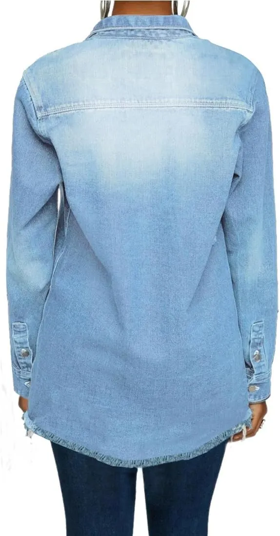 LaiyiVic Denim Jacket for Women Winter Long Sleeve Classic Distressed Butterfly Jean Trucker Jackets