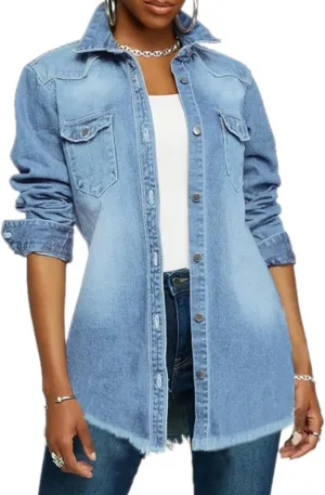 LaiyiVic Denim Jacket for Women Winter Long Sleeve Classic Distressed Butterfly Jean Trucker Jackets