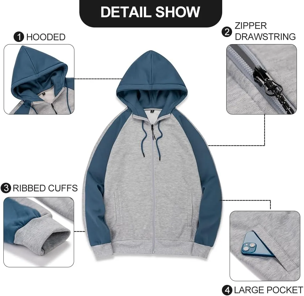 MANTORS Mens Fleece Jackets Contrast Hoodies Lightweight Sweatshirt Color Block Jacket Coats