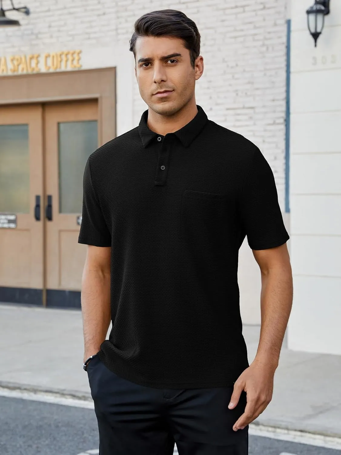 Men's Casual Short Sleeve Bubble Jacquard Polo Shirt Solid Collared T-Shirt Golf Polo Shirts with Pocket