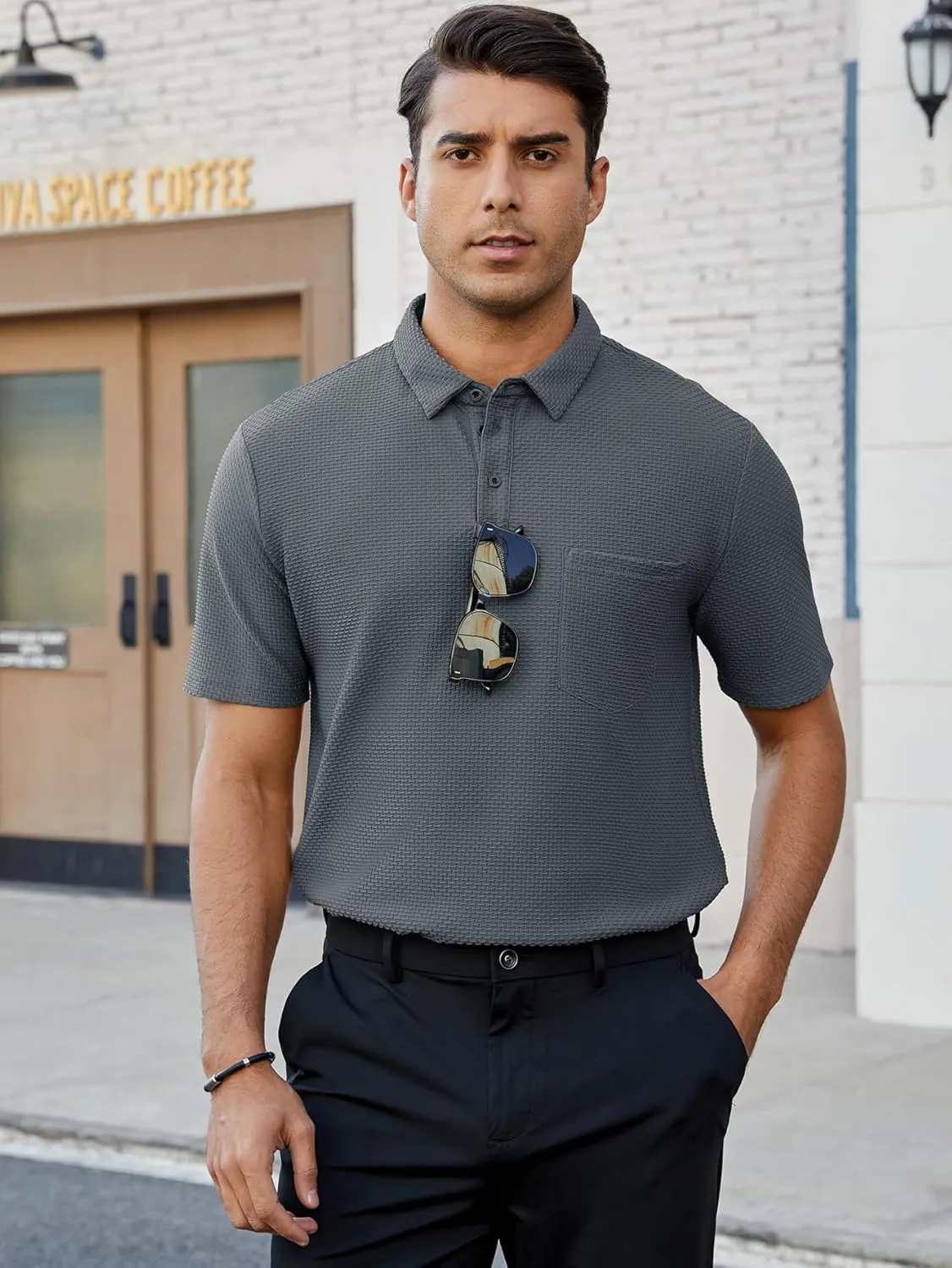 Men's Casual Short Sleeve Bubble Jacquard Polo Shirt Solid Collared T-Shirt Golf Polo Shirts with Pocket
