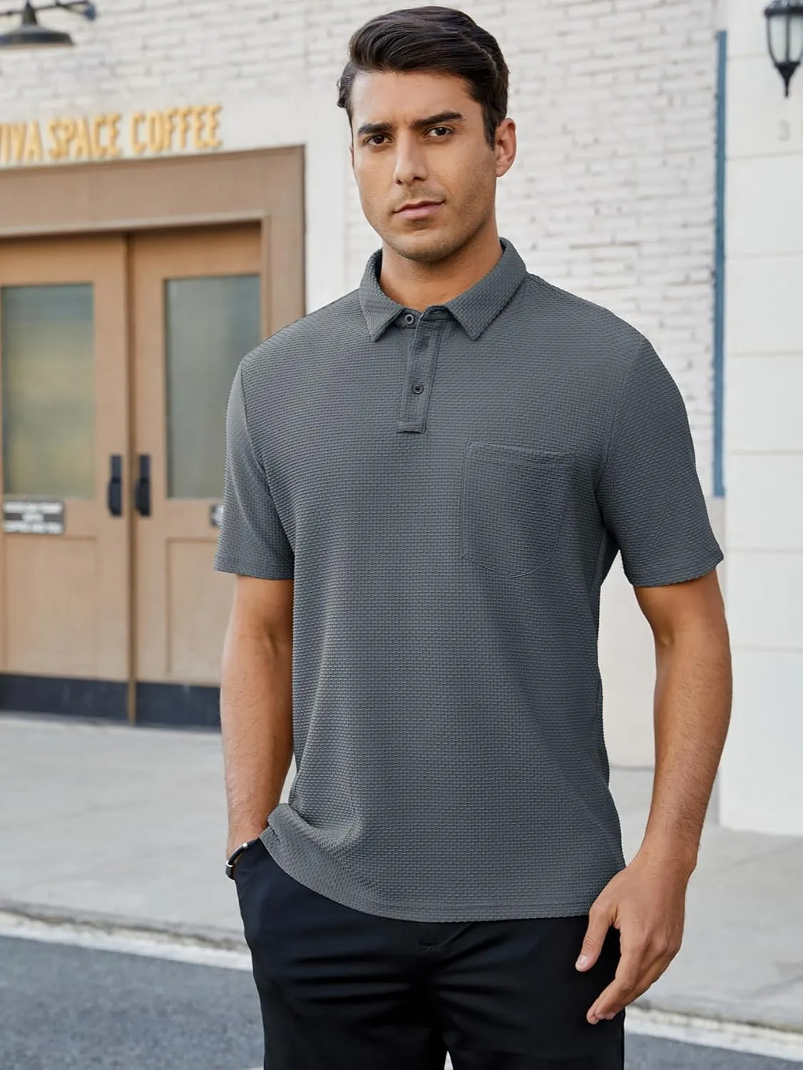 Men's Casual Short Sleeve Bubble Jacquard Polo Shirt Solid Collared T-Shirt Golf Polo Shirts with Pocket