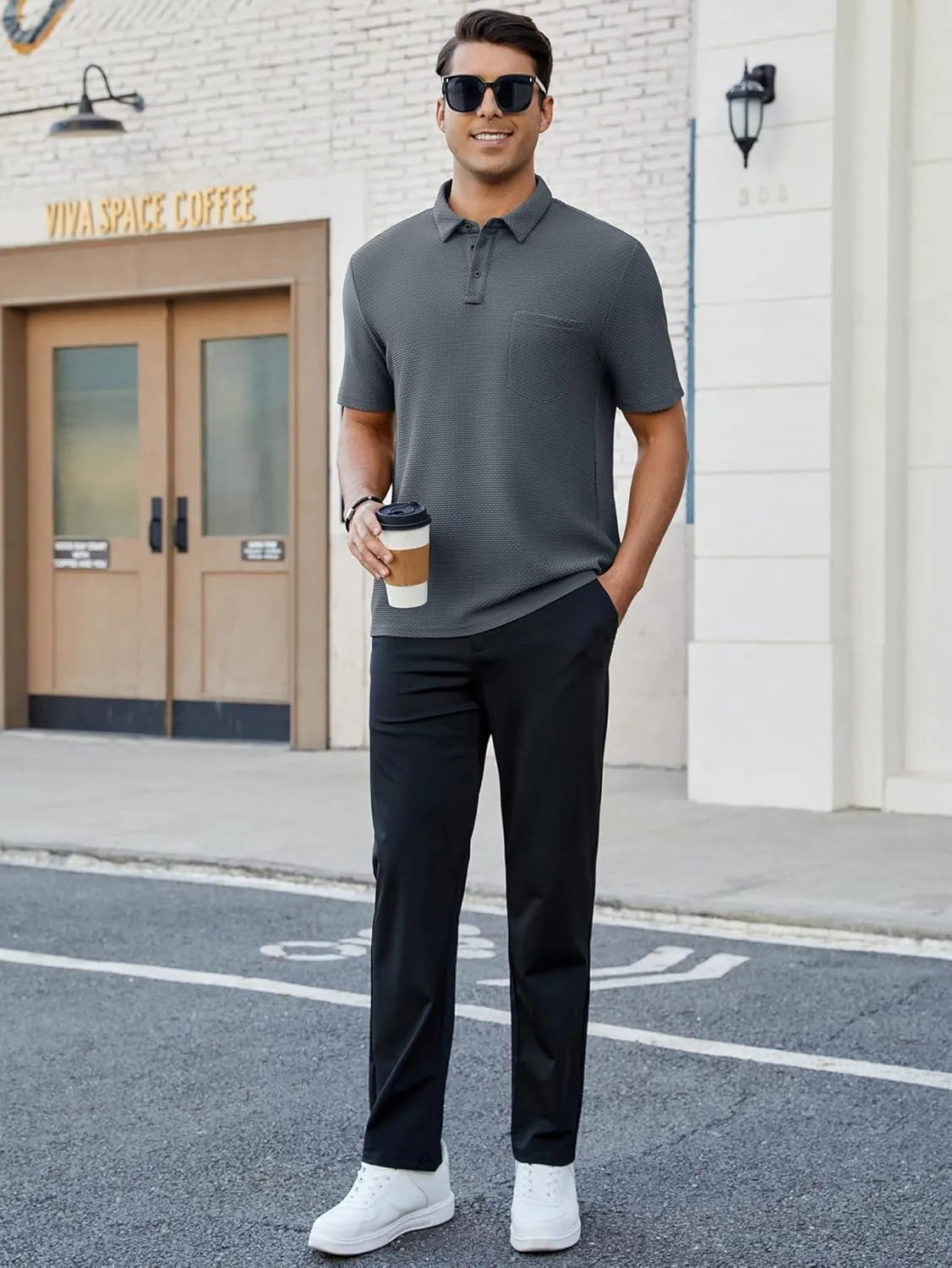 Men's Casual Short Sleeve Bubble Jacquard Polo Shirt Solid Collared T-Shirt Golf Polo Shirts with Pocket
