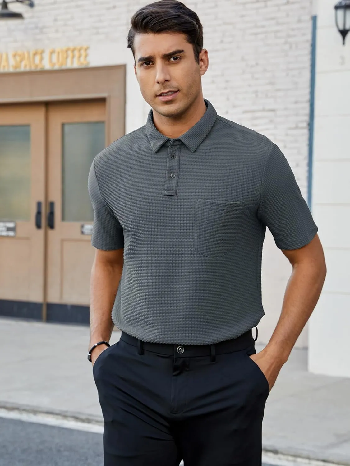 Men's Casual Short Sleeve Bubble Jacquard Polo Shirt Solid Collared T-Shirt Golf Polo Shirts with Pocket